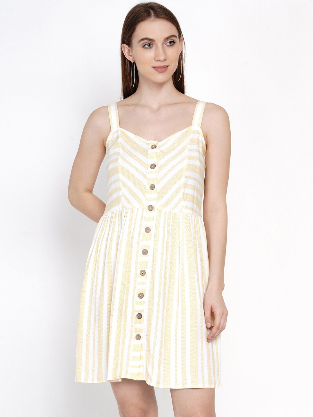 

IX IMPRESSION Yellow & White Striped Fit and Flare Dress