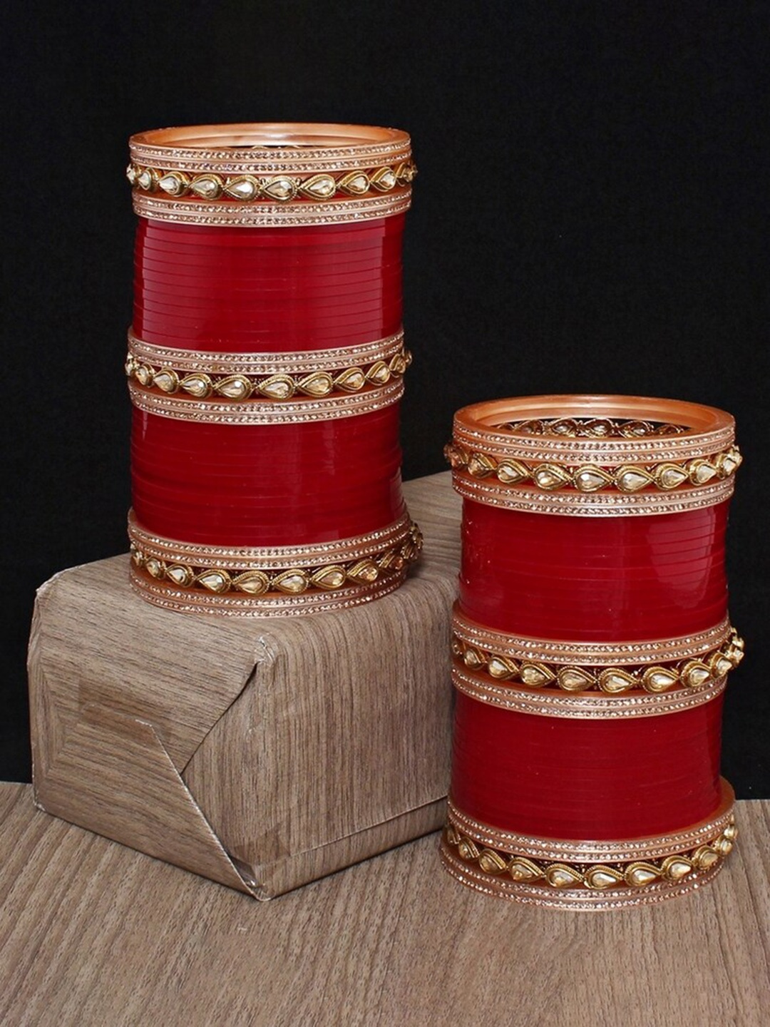 

LUCKY JEWELLERY Maroon CZ & Kundan Stone-Studded Punjabi Chura Bridal Wedding Bangle Set
