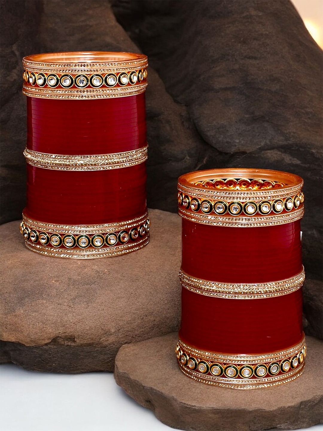 

LUCKY JEWELLERY Women Maroon Stone-Studded Chura Bangle Set
