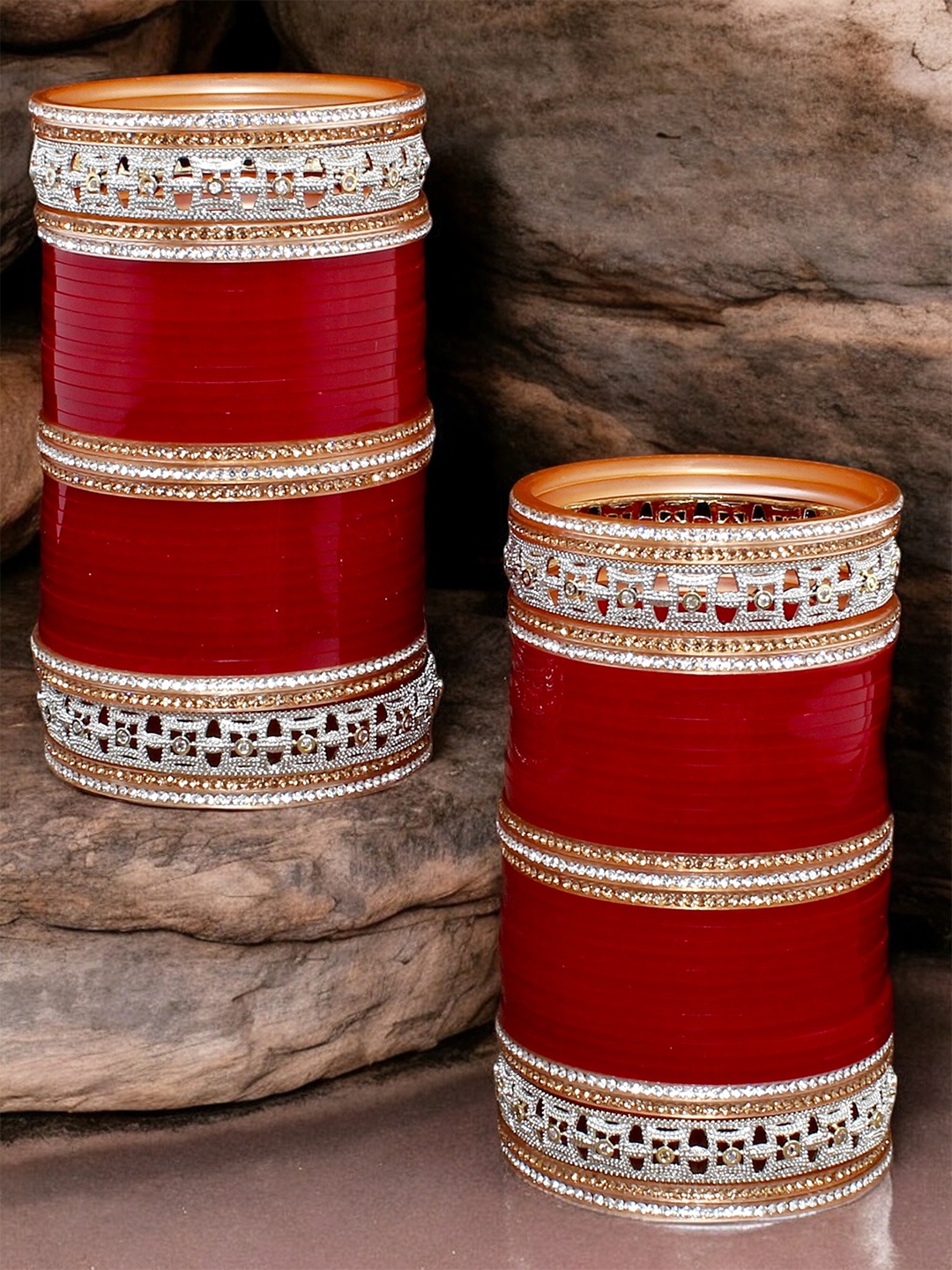 

LUCKY JEWELLERY Gold-Toned Maroon CZ & AD Studded Chuda Bangle Set