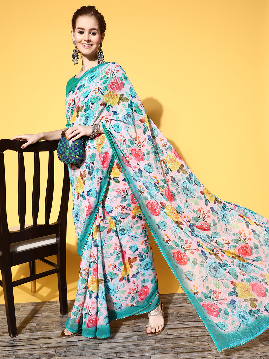 

Kalista Floral Saree with Solid border, White