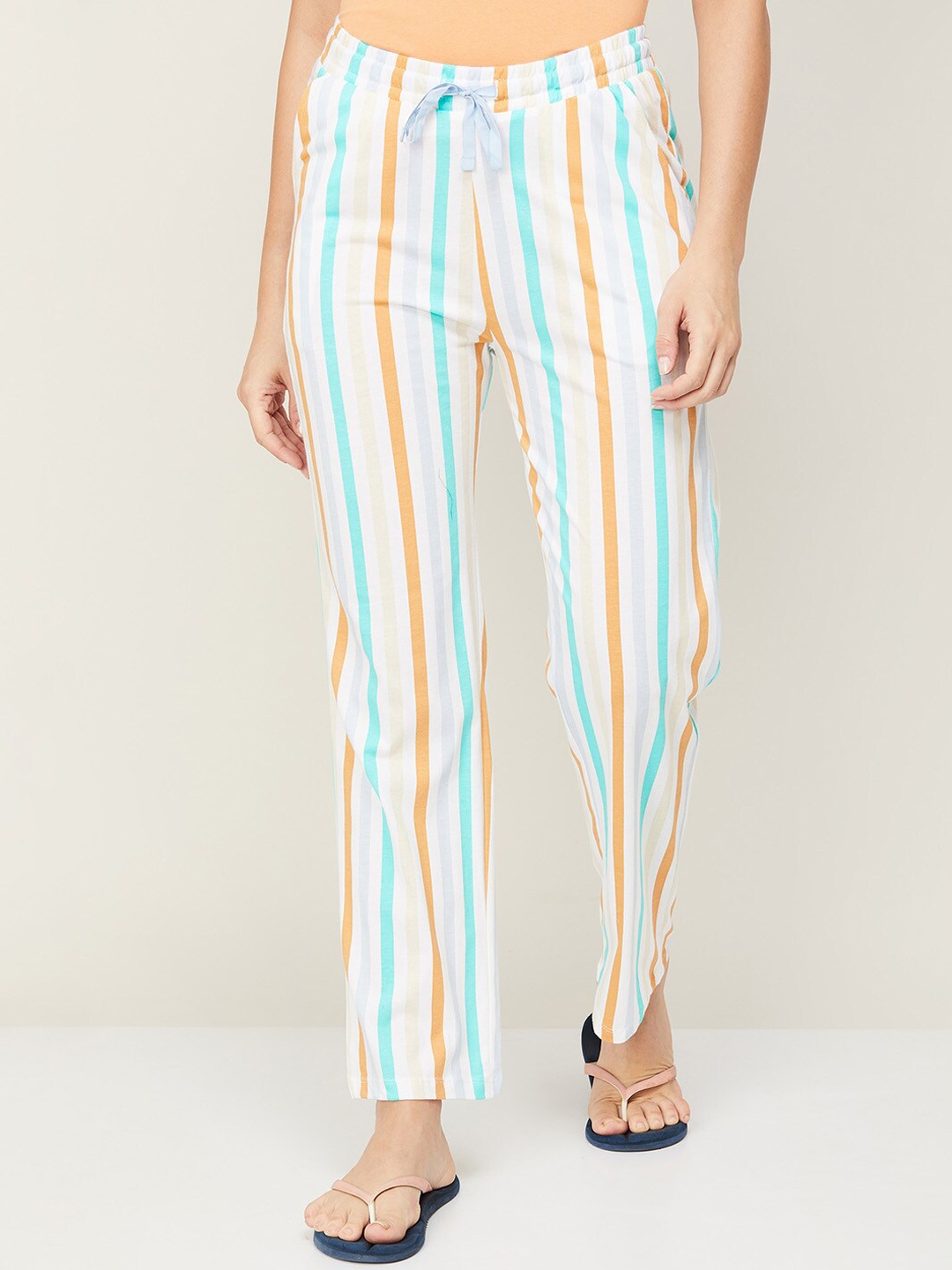 

Ginger by Lifestyle Women White & Blue Striped Cotton Lounge Pant