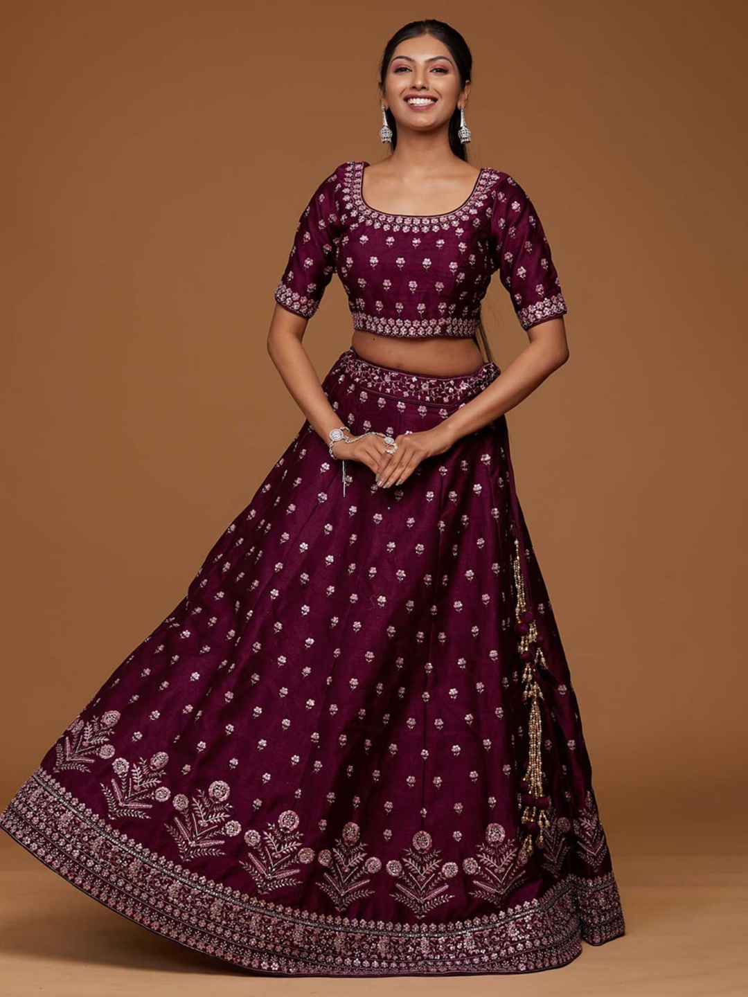 

RIVAMA Women Burgundy & Pink Embroidered Semi-Stitched Lehenga & Blouse With Dupatta