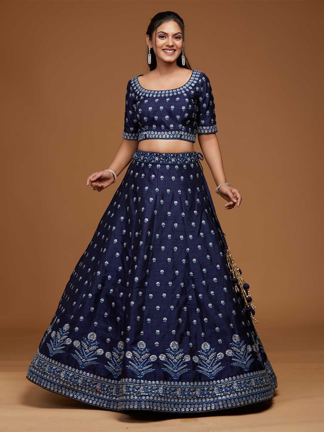 

RIVAMA Blue & Grey Embroidered Sequinned Semi-Stitched Lehenga & Blouse With Dupatta