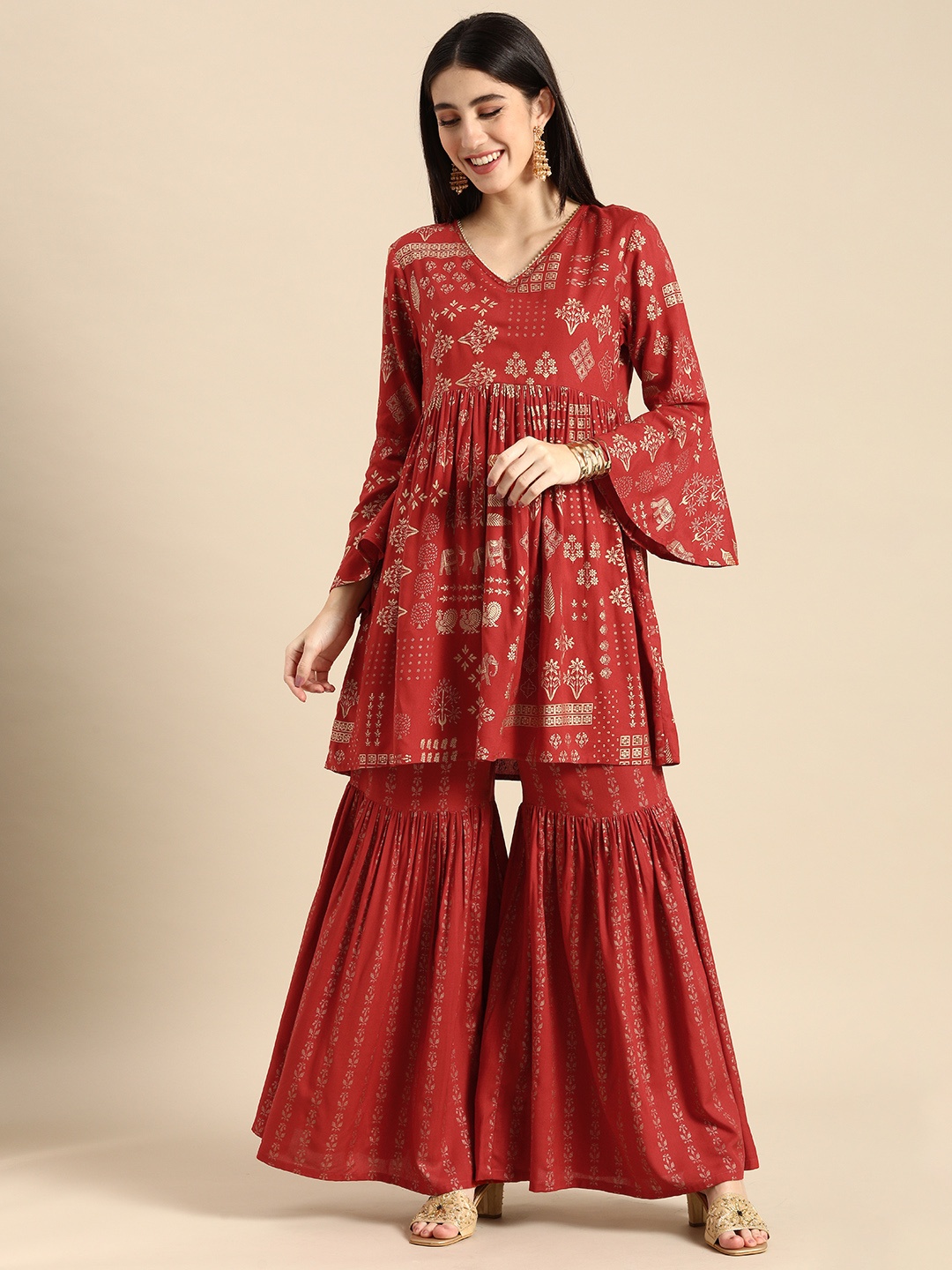 

Anouk Women Red Ethnic Motifs Printed Empire Kurti with Sharara