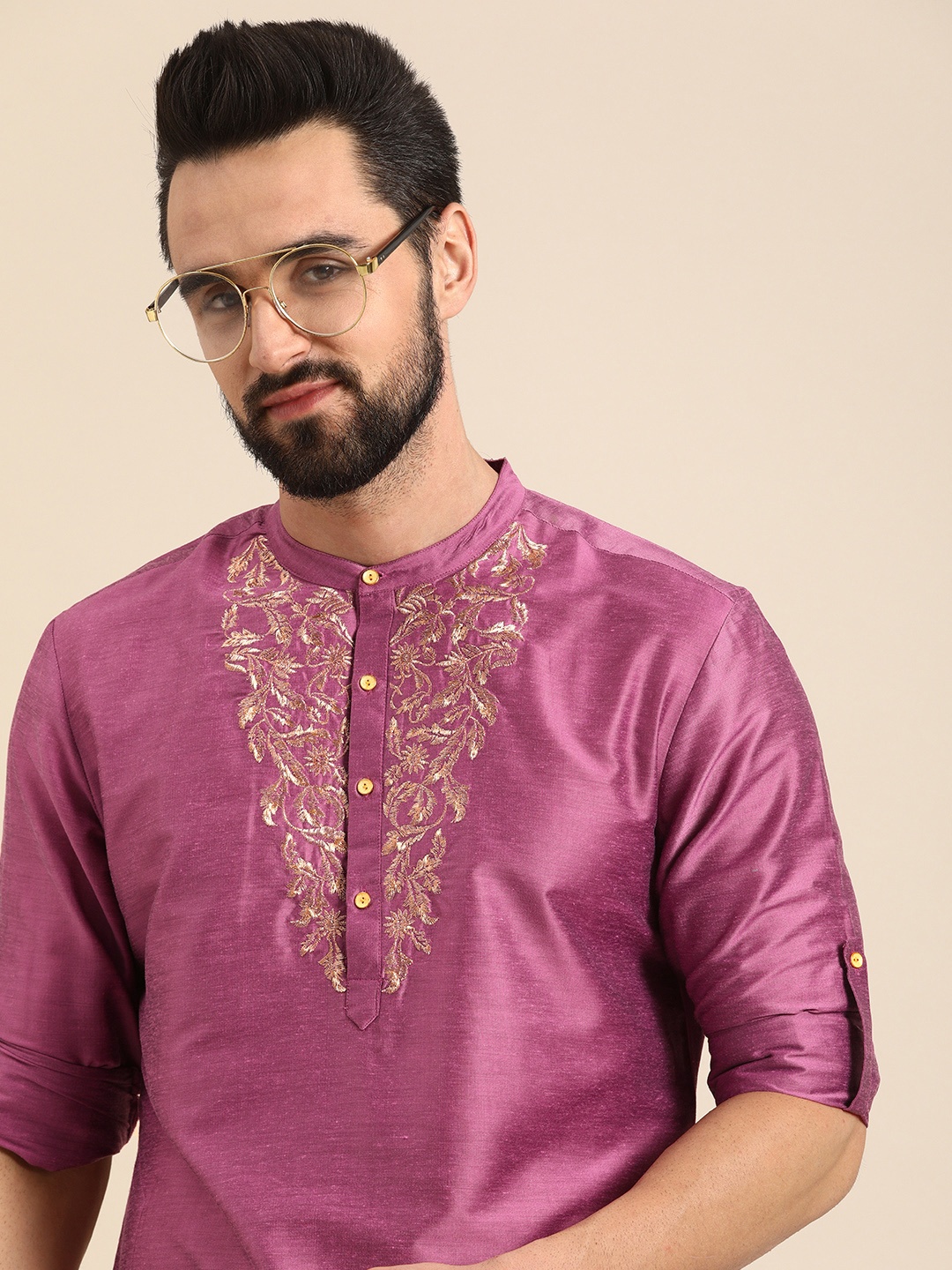 

Anouk Men Purple Thread Work Embroidered Solid Straight Kurta