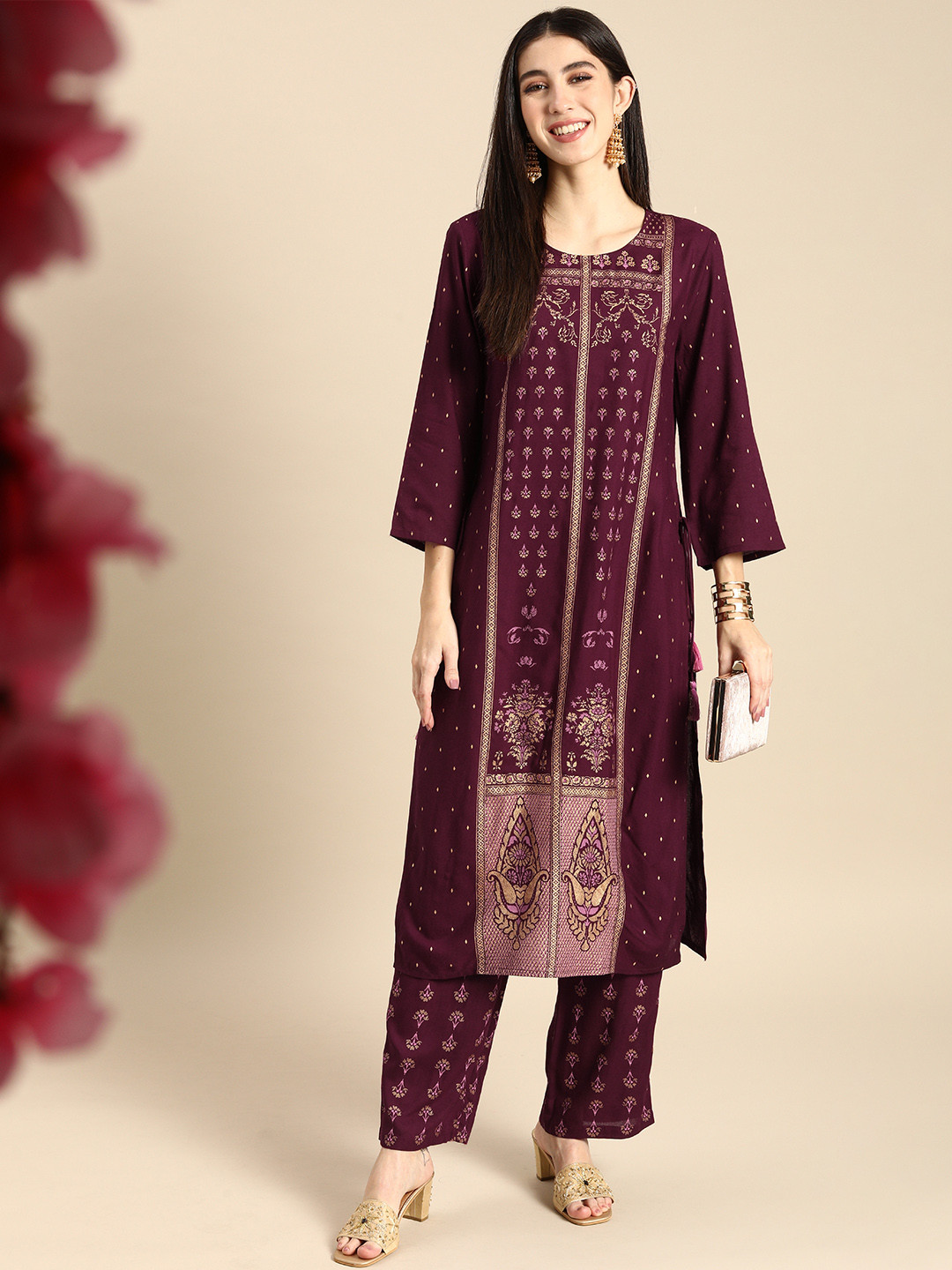 

Anouk Women Maroon Ethnic Motifs Printed Kurta with Palazzos
