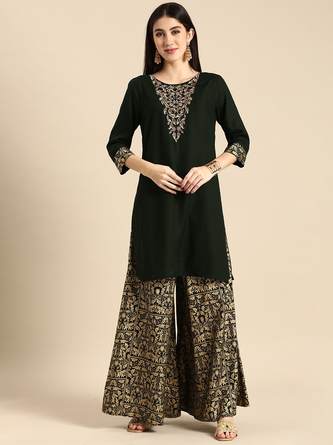 

Anouk Women Black Ethnic Motifs Embroidered Kurti with Palazzos