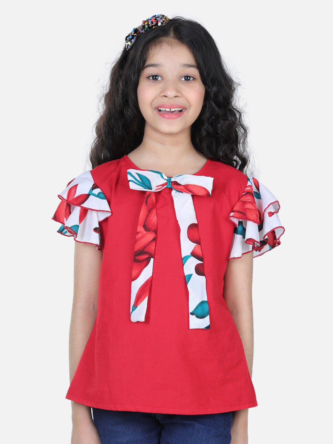 

Cutiekins Red & White Floral Print Tie-Up Neck Crepe Top