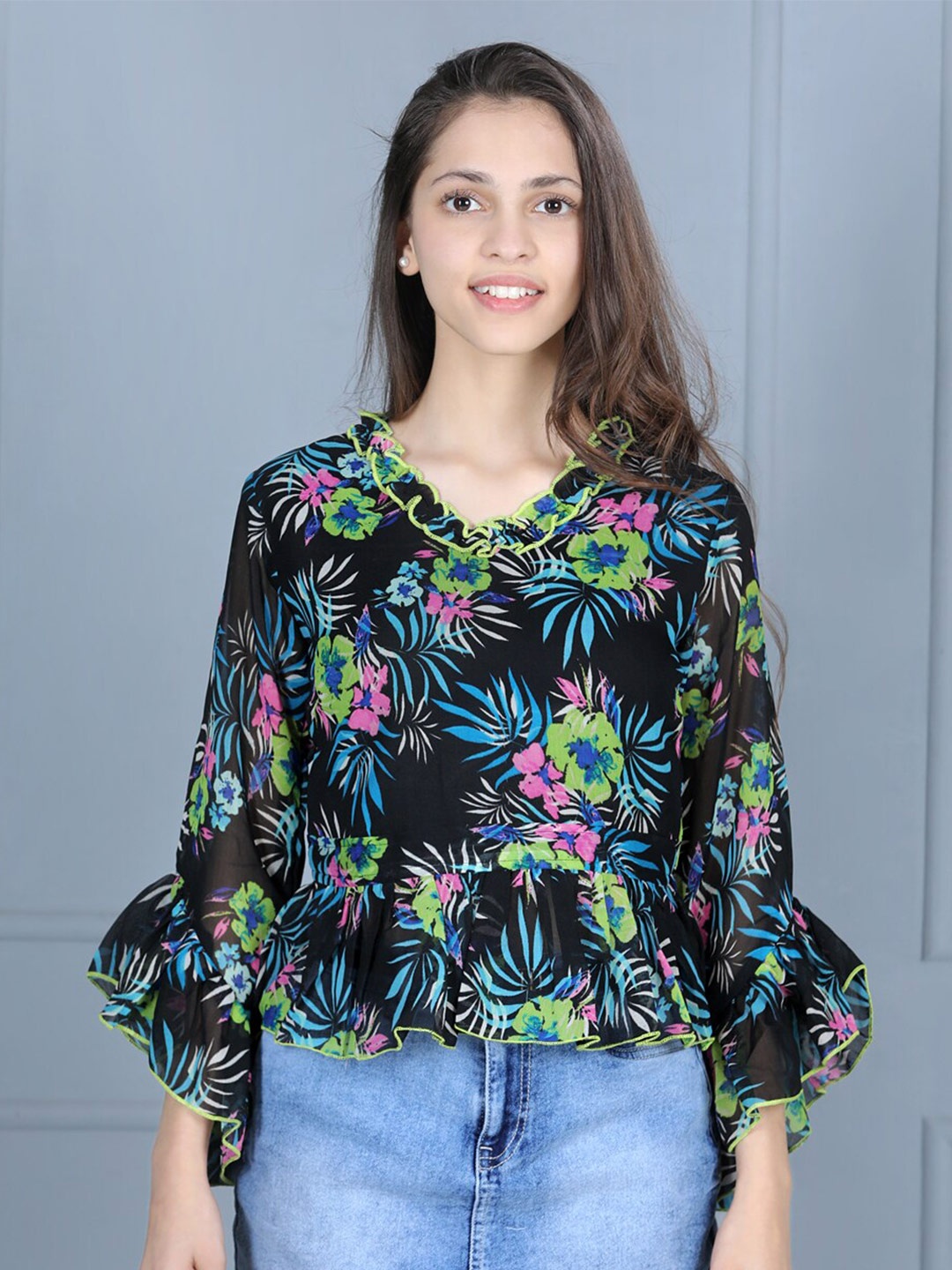 

Cutiekins Black Floral Print Georgette Peplum Top