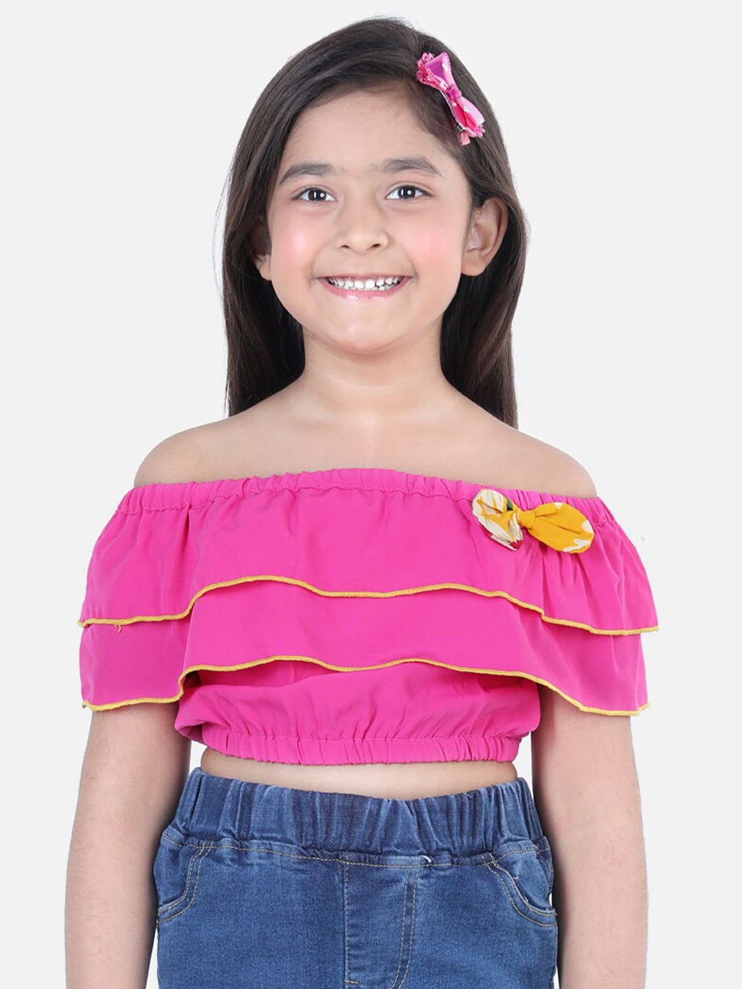 

Cutiekins Girls Pink & Yellow Off-Shoulder Layered Crepe Bardot Crop Top