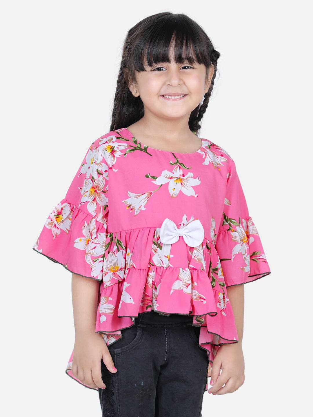 

Cutiekins Pink & White Floral Print High-Low Style Top