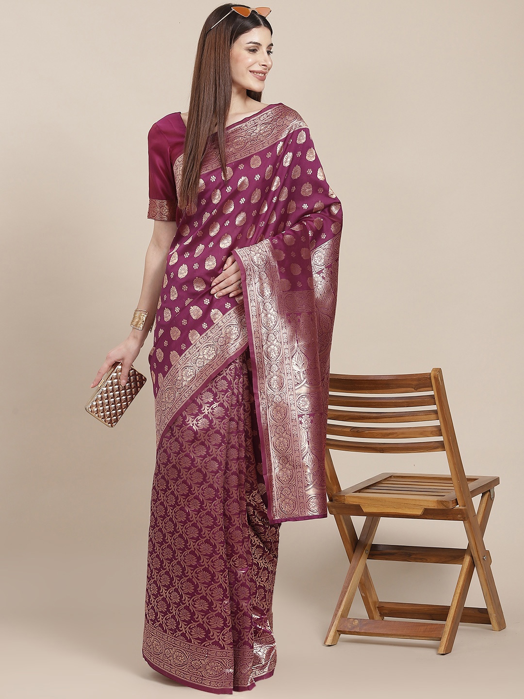 

Varanga Magenta & Golden Woven Design Banarasi Saree