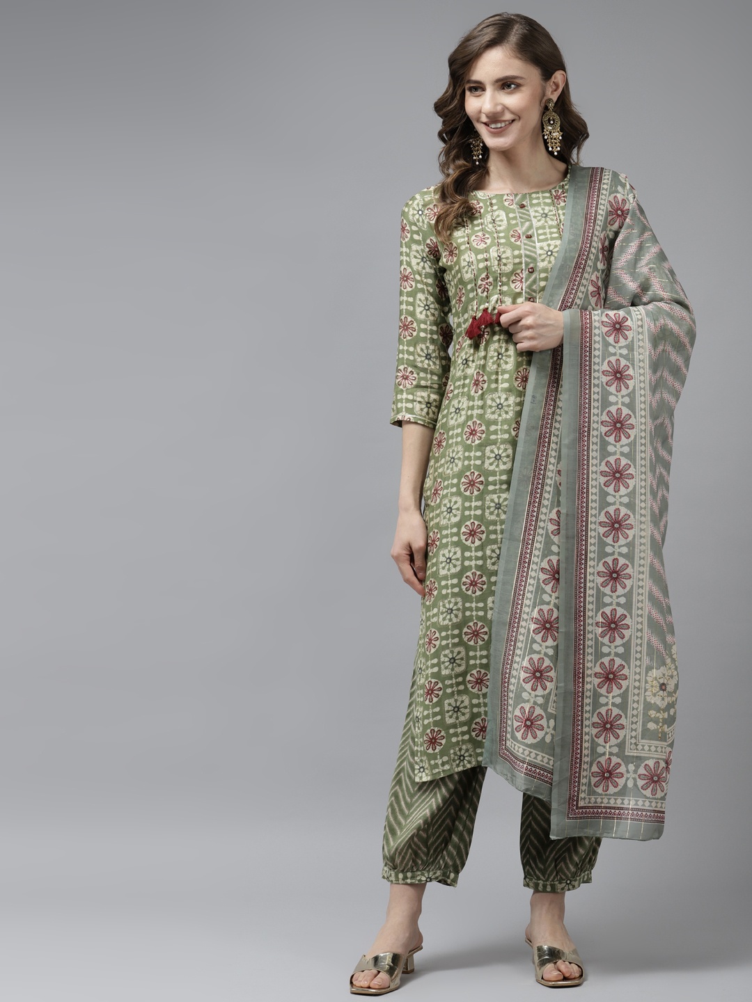 

Yufta Women Olive Green Ethnic Motifs Printed Pure Silk Kurta with Trousers & Dupatta