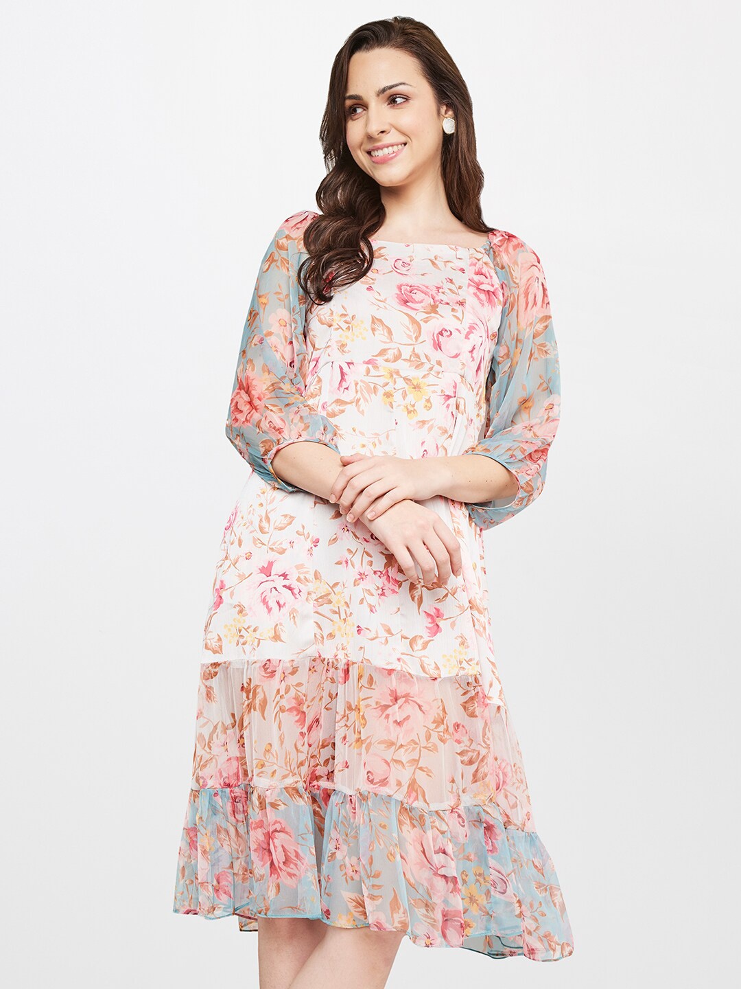 

AND Off White & Sea Green Floral Printed Tiered A-Line Dress