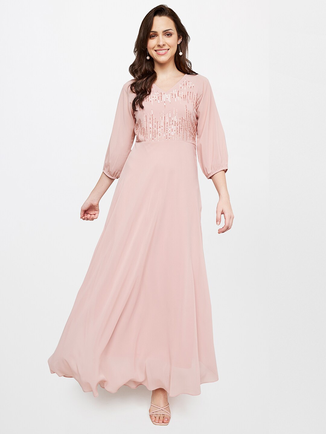 

AND Women Pink Sequins Embellished Empire Maxi Dress