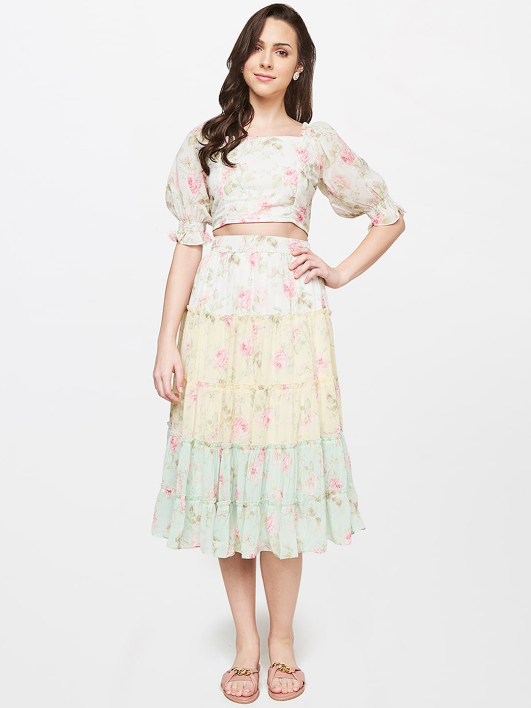 

AND Women Cream-Colored & Green Printed Top & Skirt Co-Ords