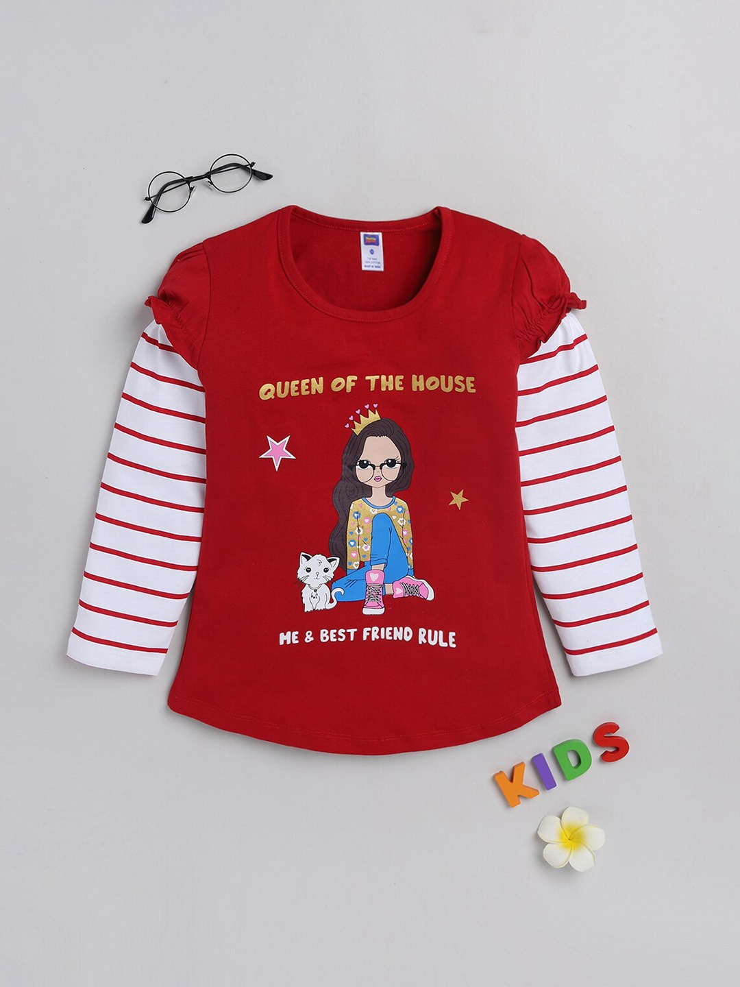 

Nottie Planet Girls Pure cotton Red & White Print Top