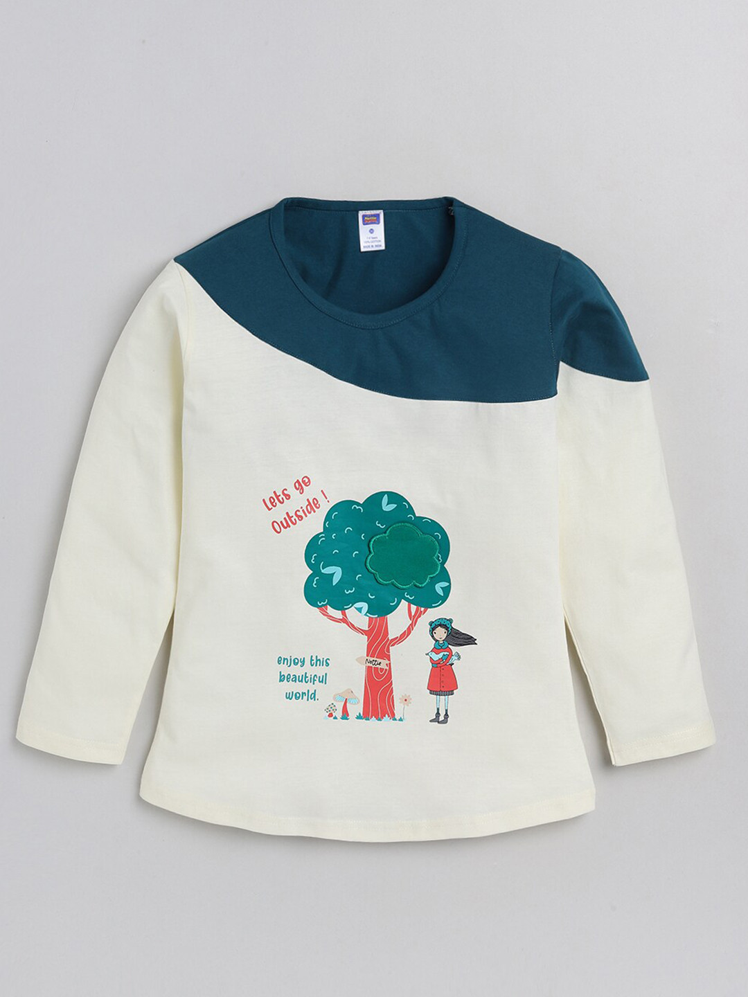 

Nottie Planet Girls Off White & Green Colourblocked Pure Cotton T-shirt