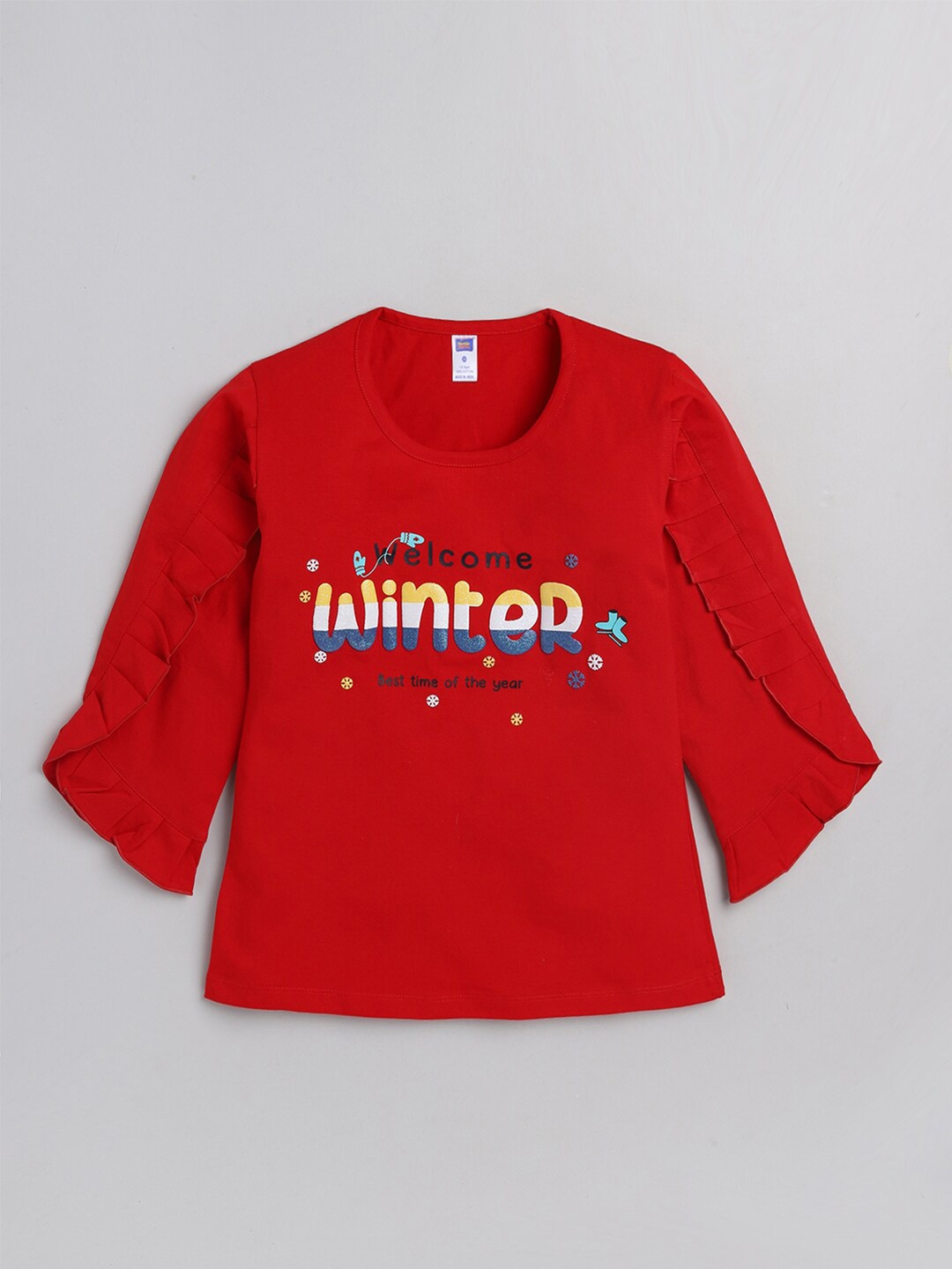 

Nottie Planet Girls Red Printed Pure Cotton Ruffles Top