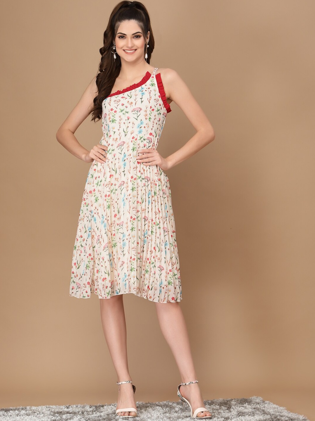 KASSUALLY Women Beige & Red Floral One Shoulder Georgette A-Line Dress