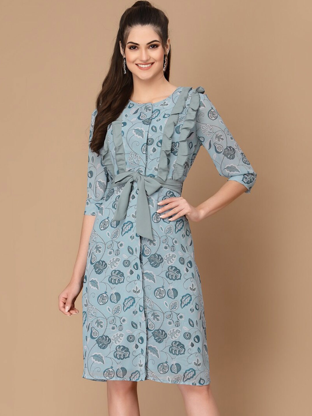 

KASSUALLY Turquoise Blue Floral Georgette A-Line Ruffle Dress