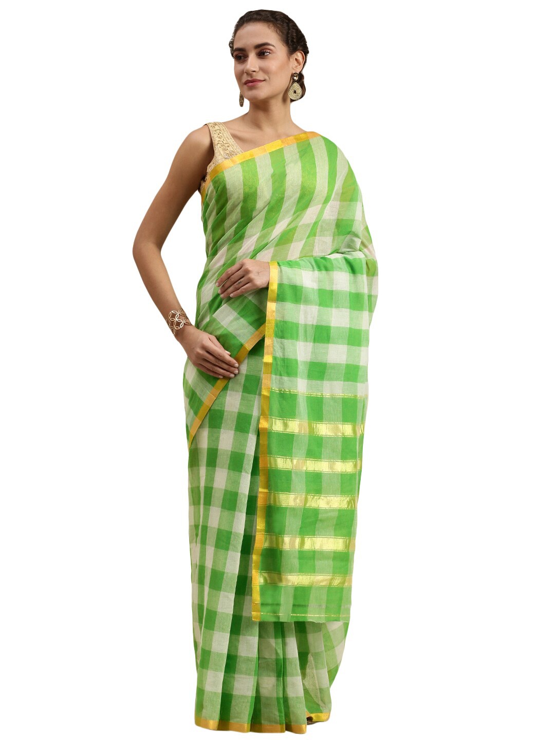 

Pavechas Green & White Checked Zari Pure Cotton Venkatgiri Saree