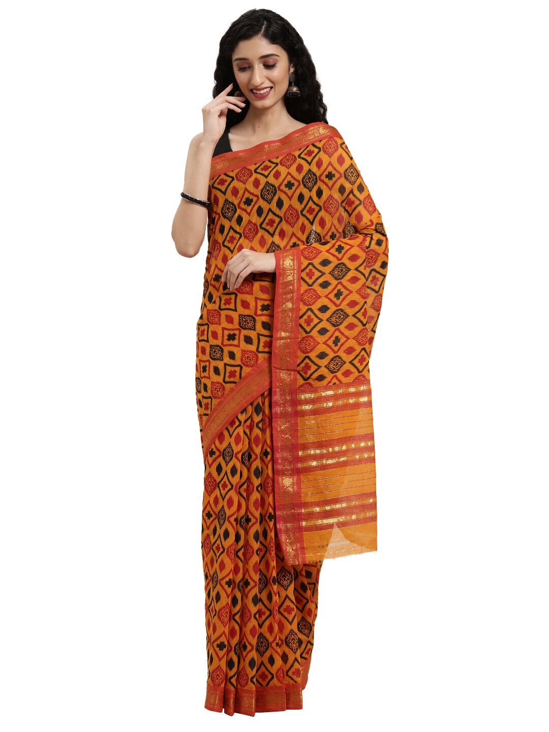 

Pavechas Yellow & Pink Ethnic Motifs Zari Pure Cotton Ikat Saree