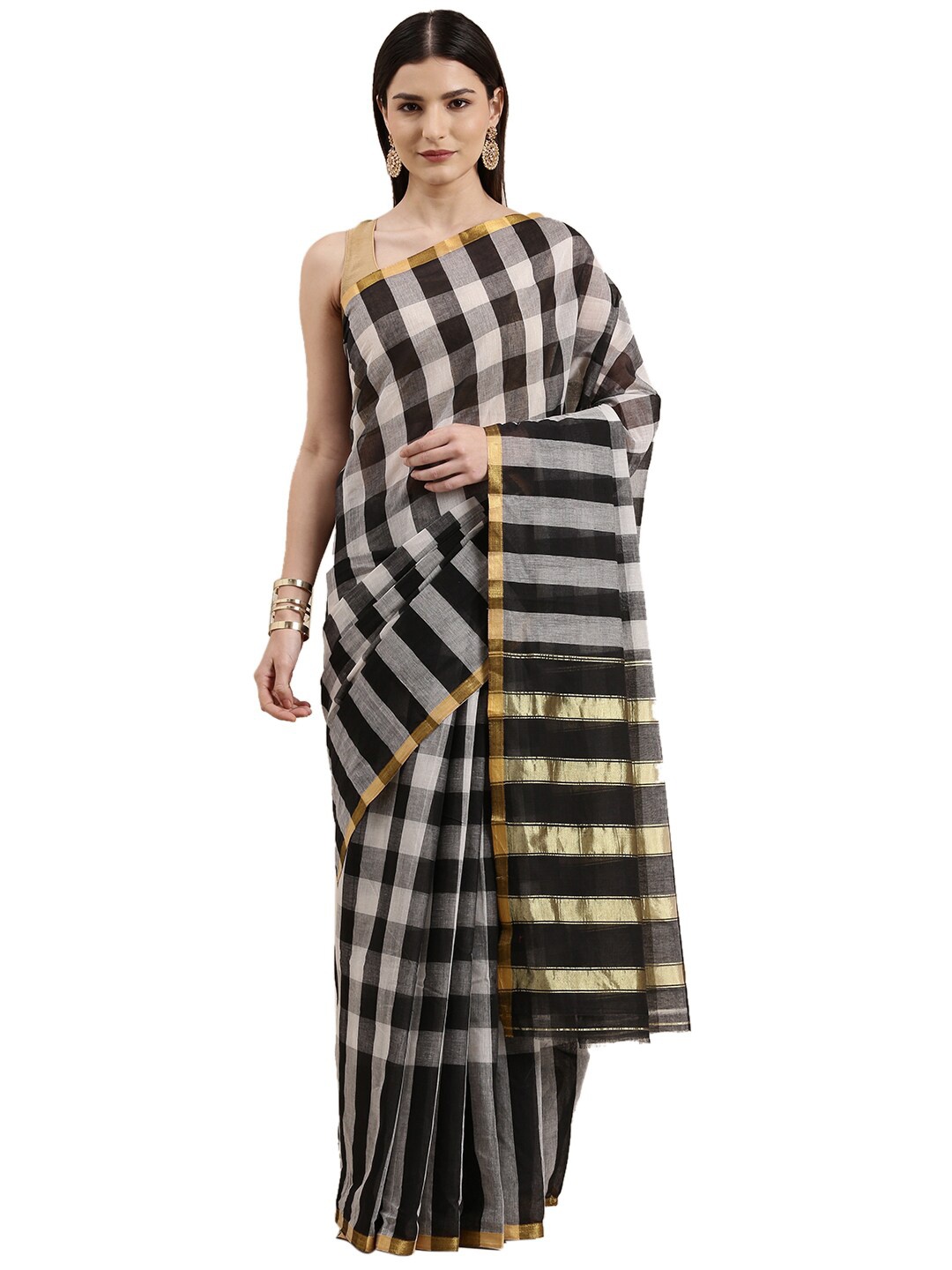 

Pavechas White & Black Checked Zari Pure Cotton Venkatgiri Saree