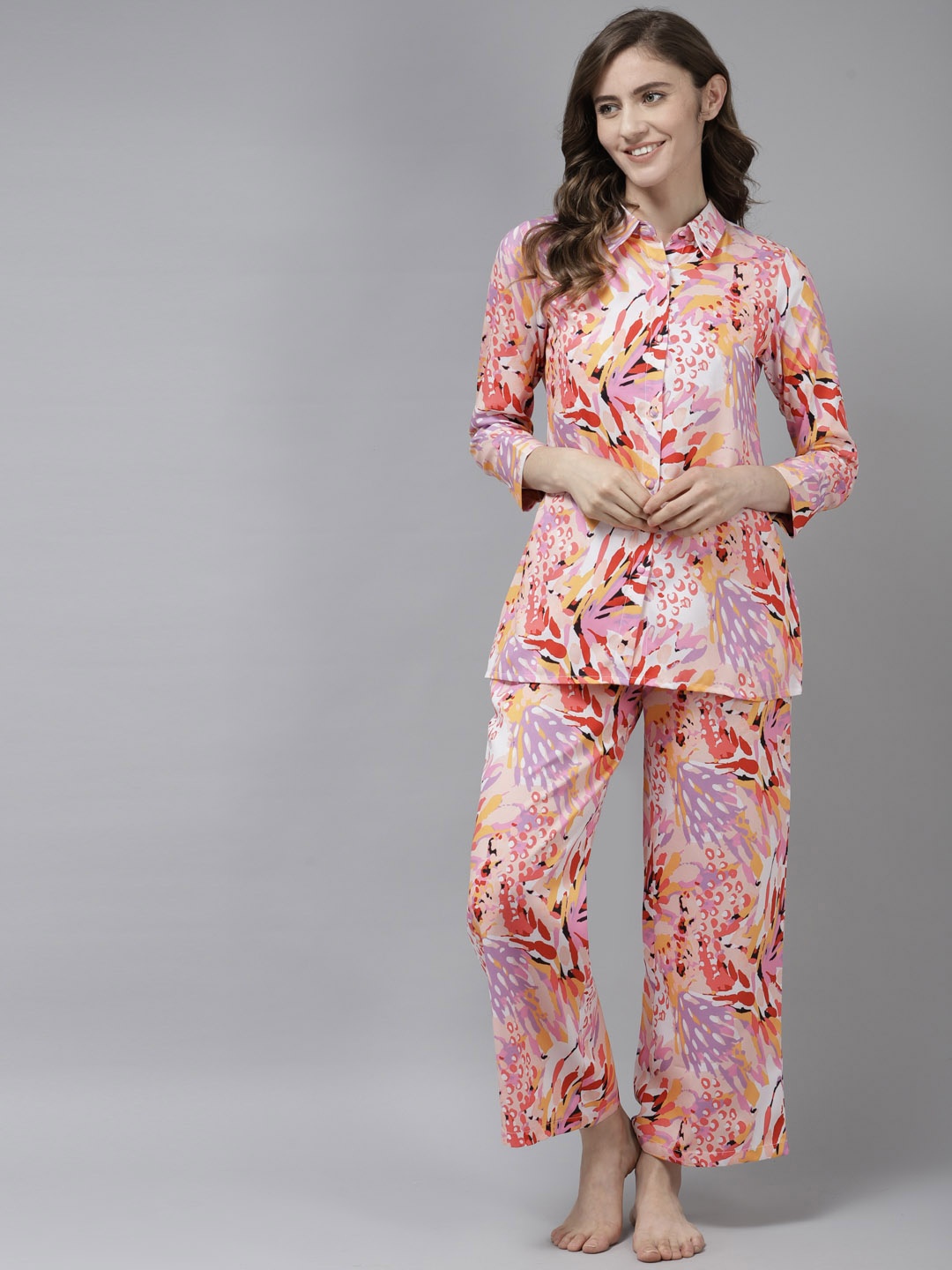 

Prakrti Women Peach-Coloured & Yellow Printed 3 Piece Night suit
