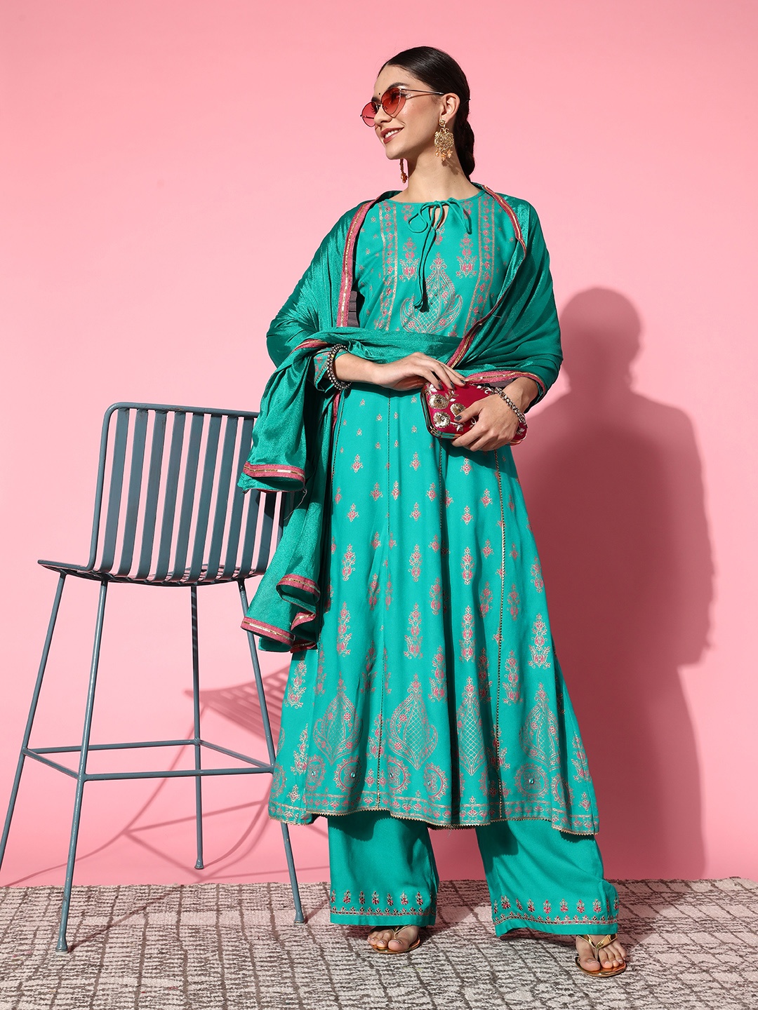 

Kvsfab Women Ethnic Motifs Viscose Rayon Fluid Tie-Up Kurta Set, Turquoise blue