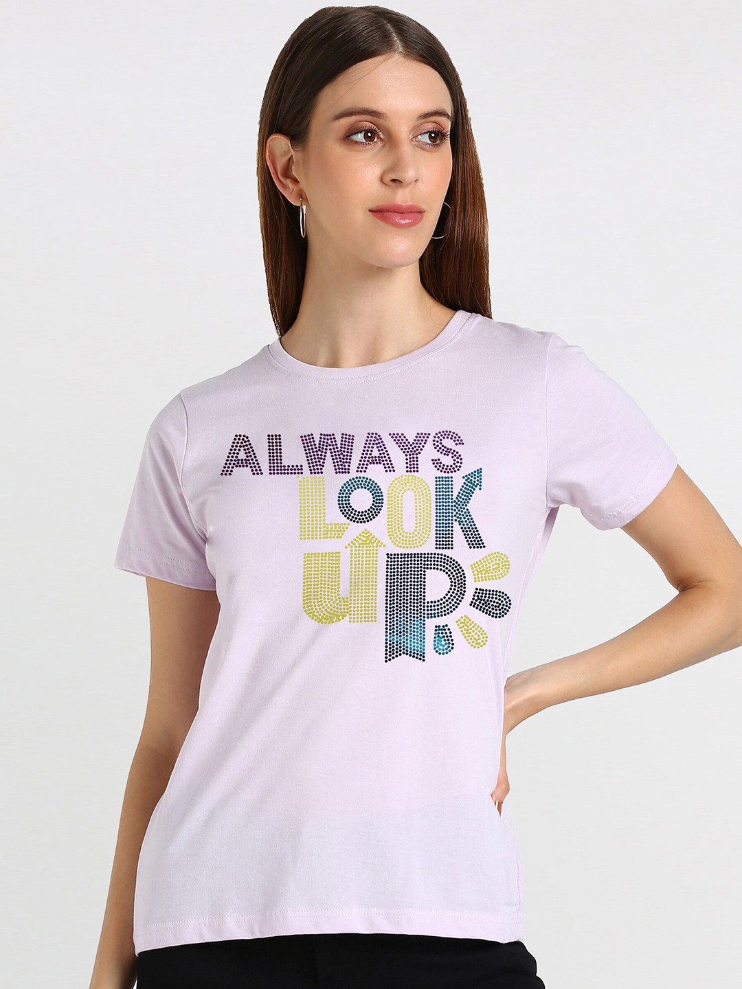 

shashvi Women Lavender Typography Printed Embellished Cotton T-shirt