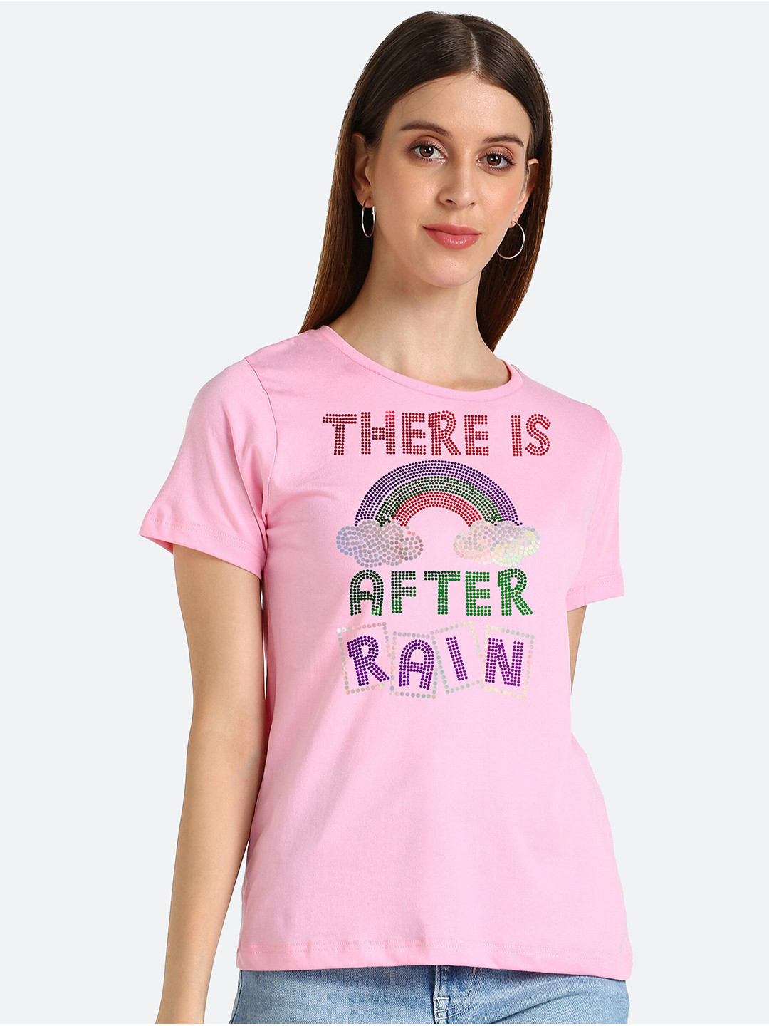 

shashvi Women Pink Embellished Cotton T-shirt
