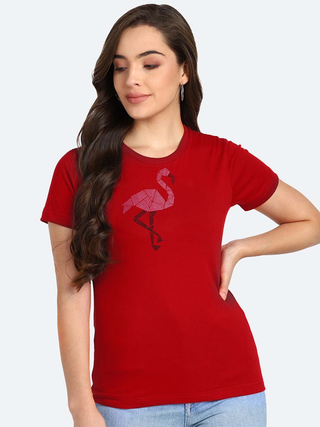 

shashvi Women Red Printed Cotton T-shirt
