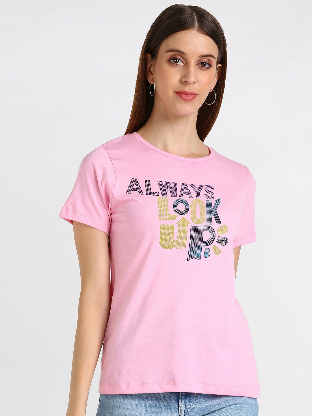 

shashvi Women Pink Embellished Cotton T-shirt