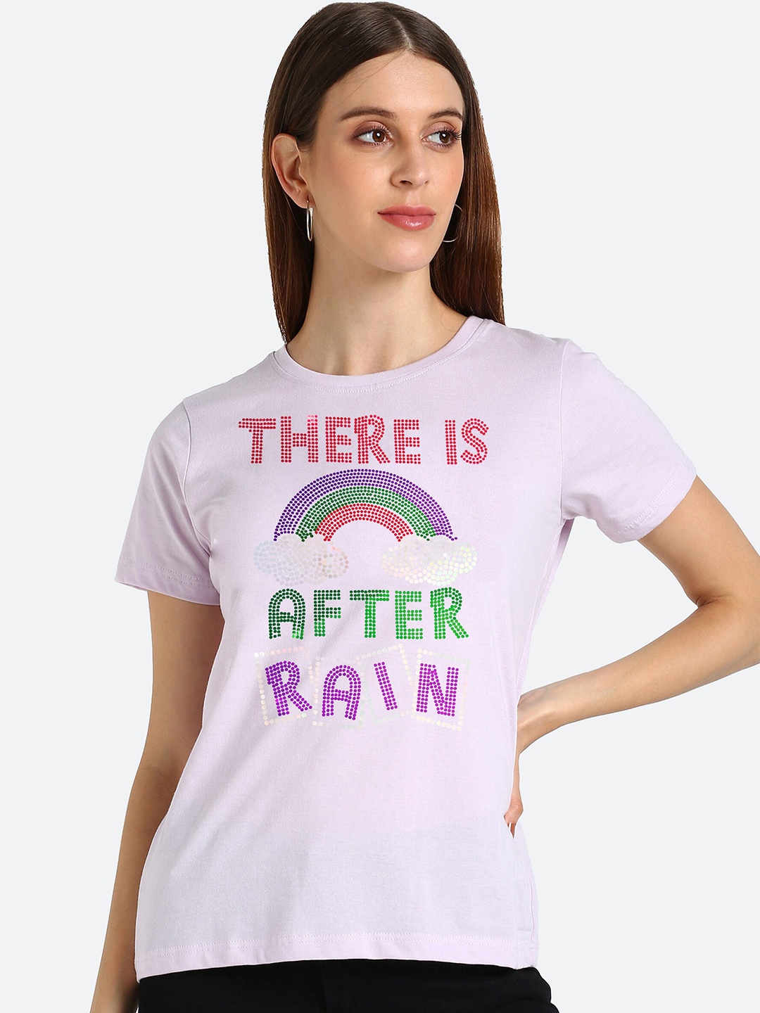 

shashvi Women Lavender Typography Printed Cotton T-shirt