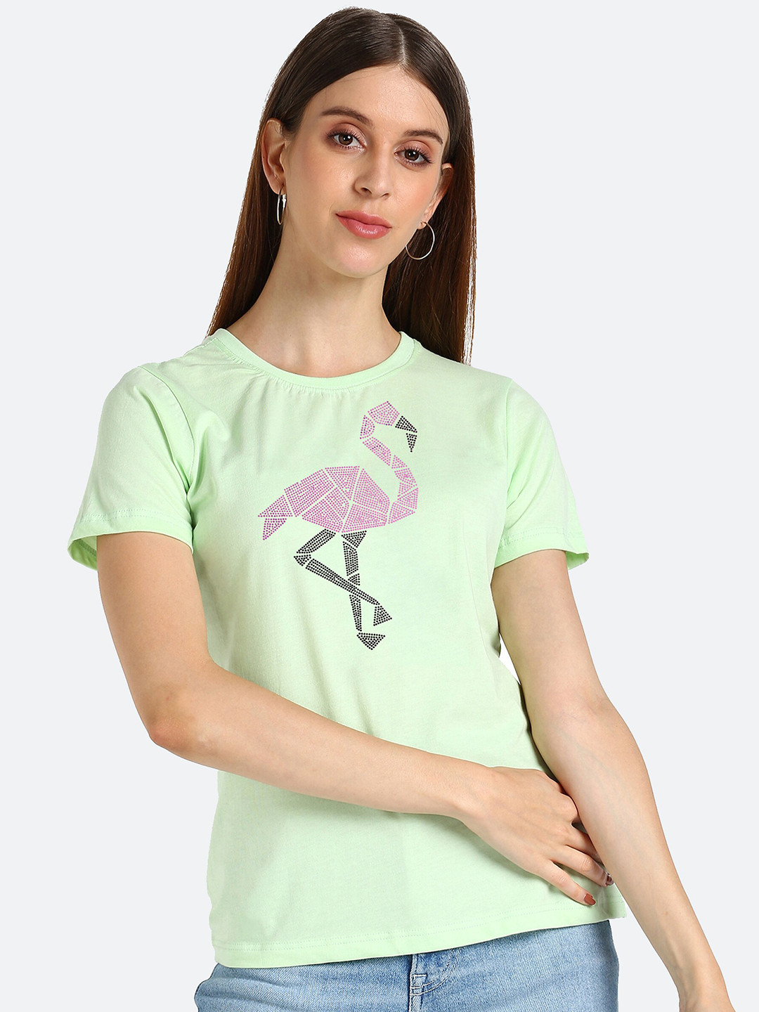 

shashvi Women Sea Green Flamingo Embellished Cotton T-shirt