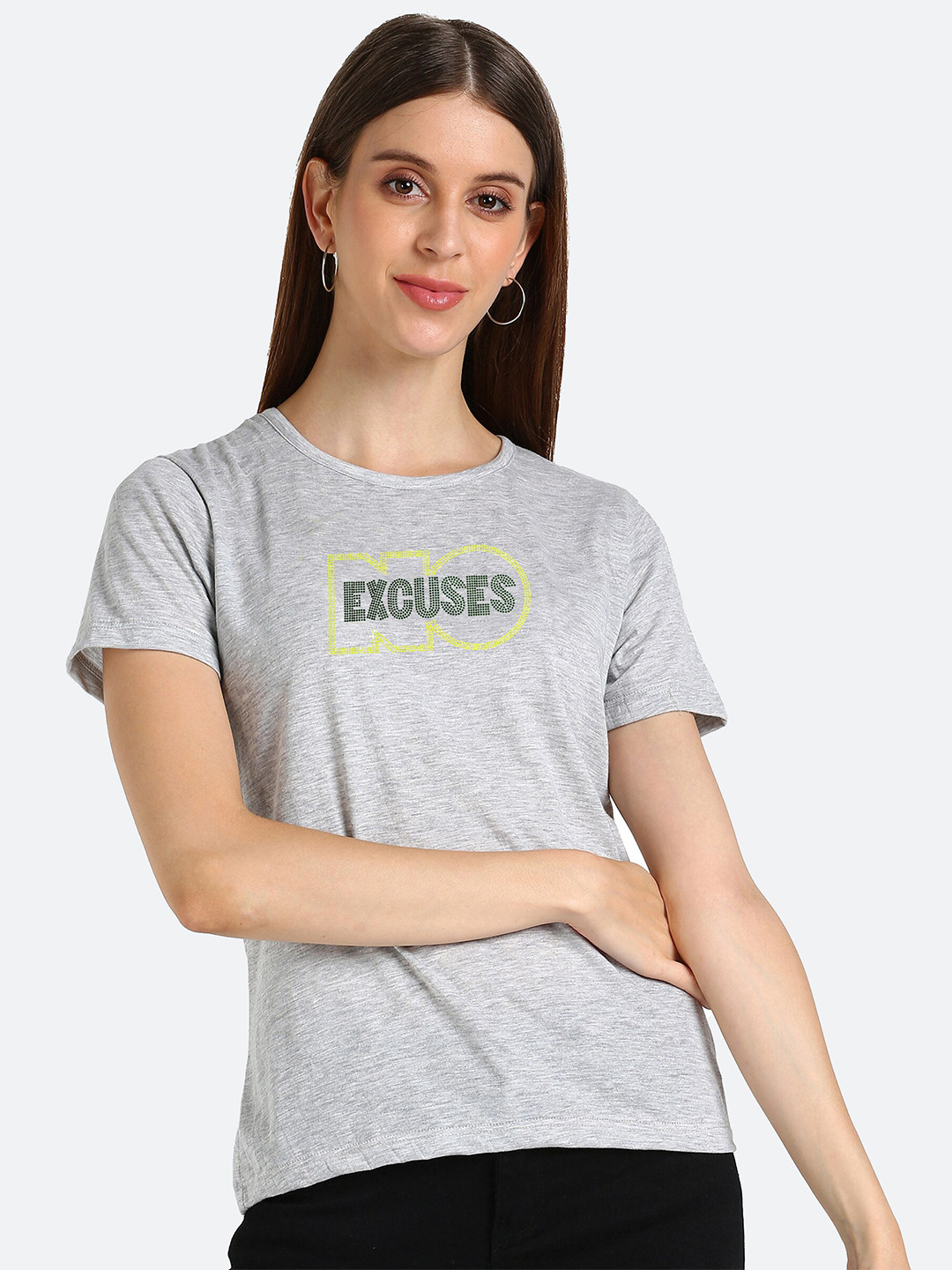 

Shashvi Women Grey Melange Typography Embellished T-shirt