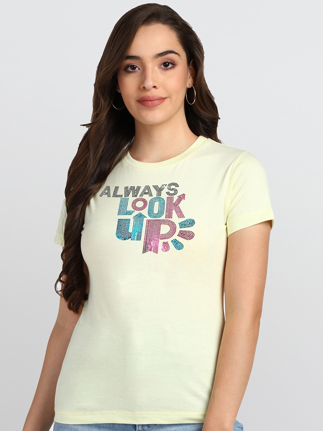 

shashvi Women Yellow Embellished Slim Fit T-shirt