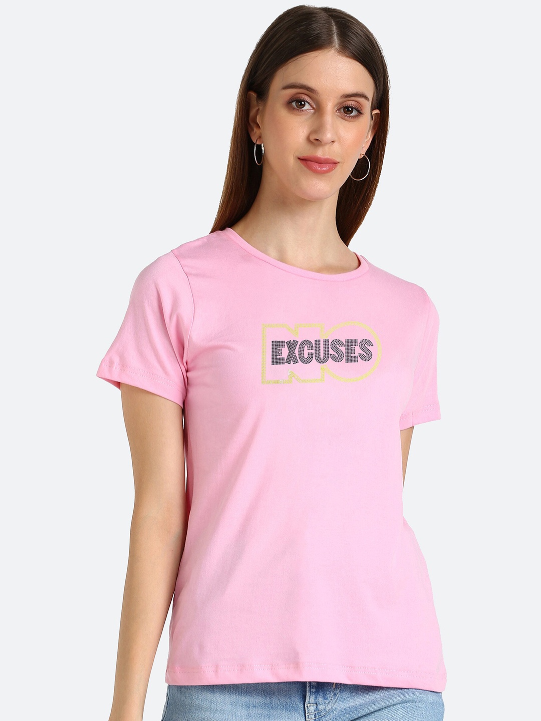 

shashvi Women Pink Embellished Typography Printed T-shirt