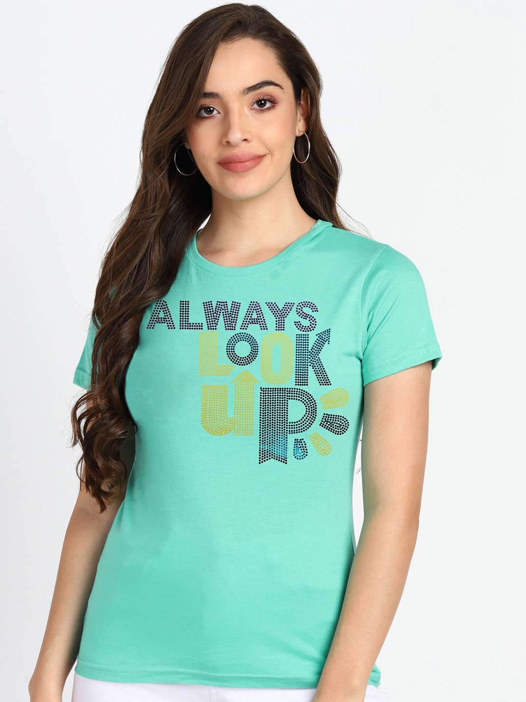 shashvi Women Sea Green Embellished Typography T-shirt