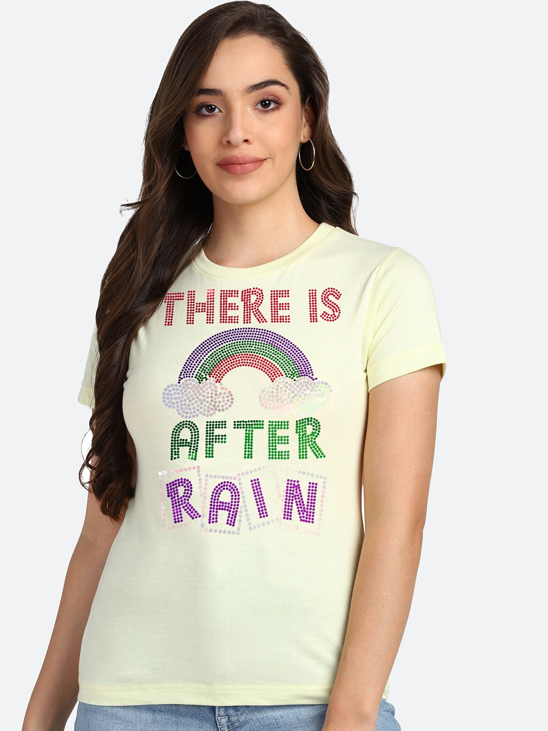 

shashvi Women Yellow Embellished Typography Printed T-shirt