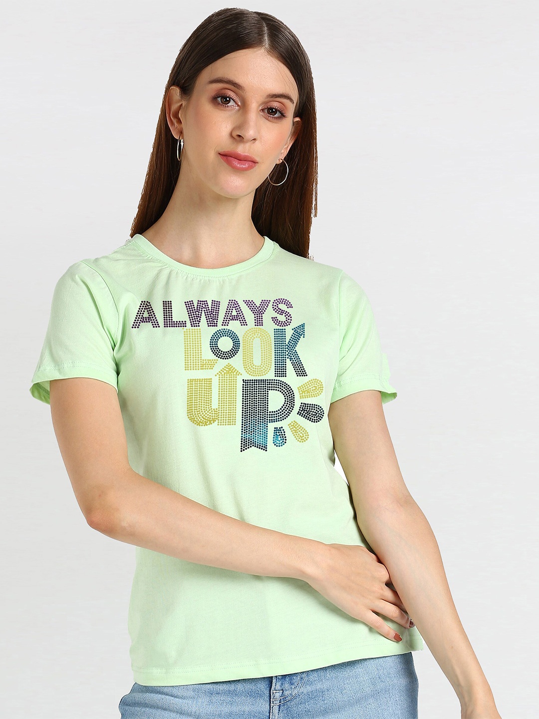 

Shashvi Women Lime Green Embellished Typography T-shirt