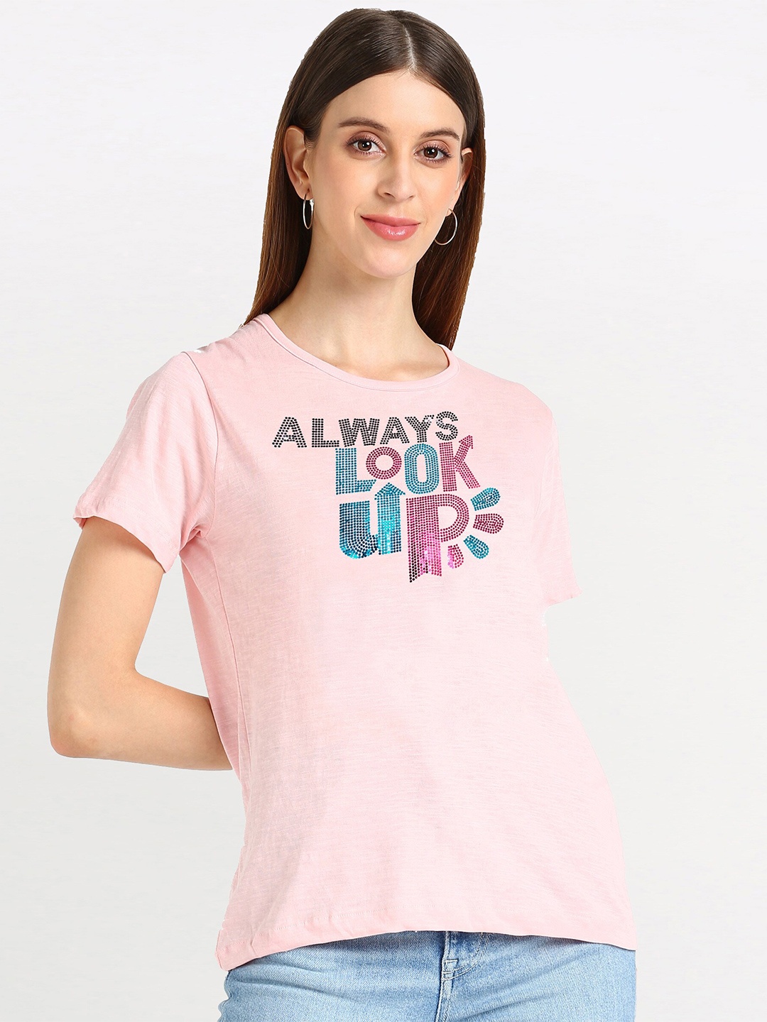 

Shashvi Women Pink Embellished Round Neck T-Shirt