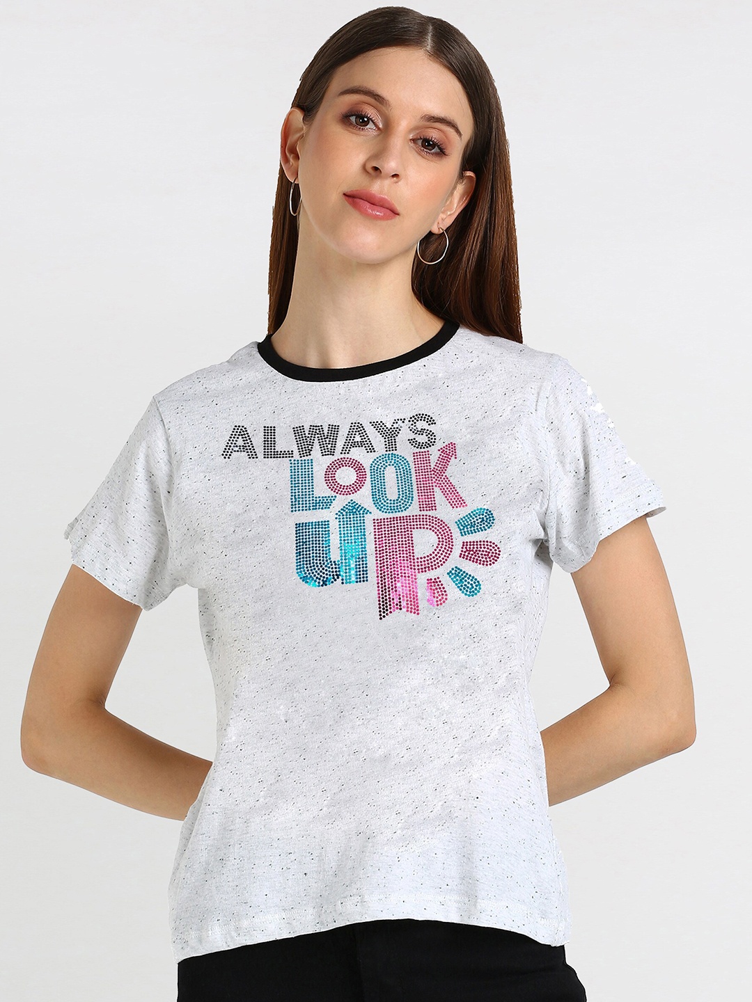 

shashvi Women White & Grey Embellished Cotton T-shirt