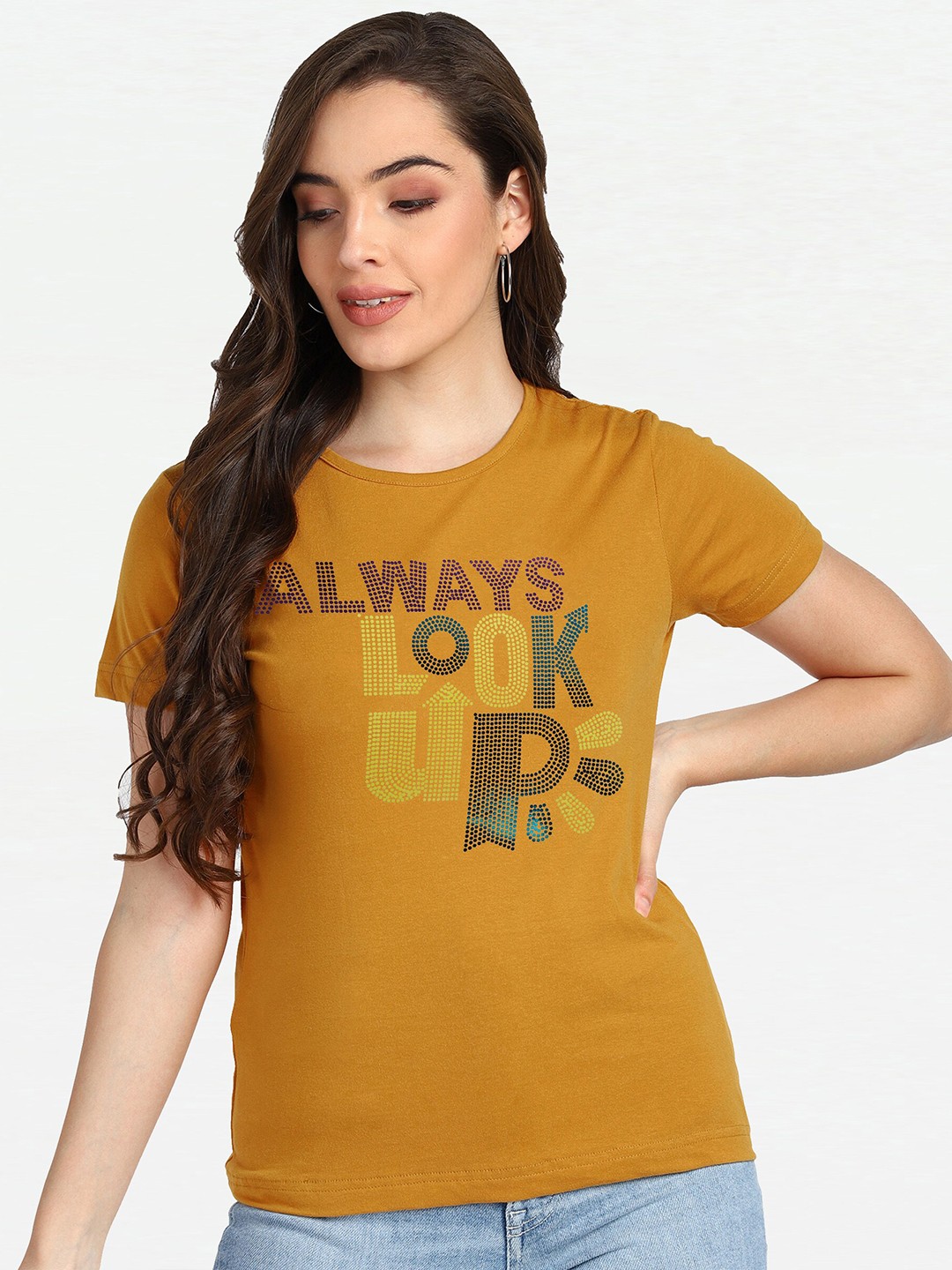 

shashvi Women Mustard Yellow Embellished Cotton T-shirt