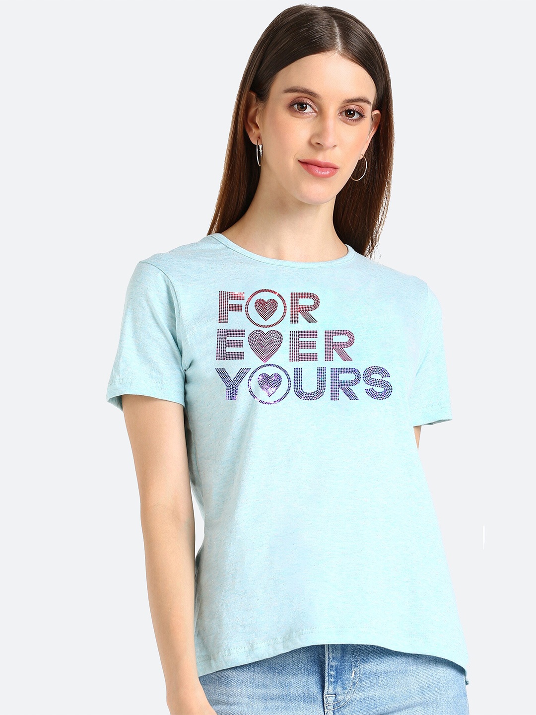 

shashvi Women Blue Embellished Cotton T-shirt