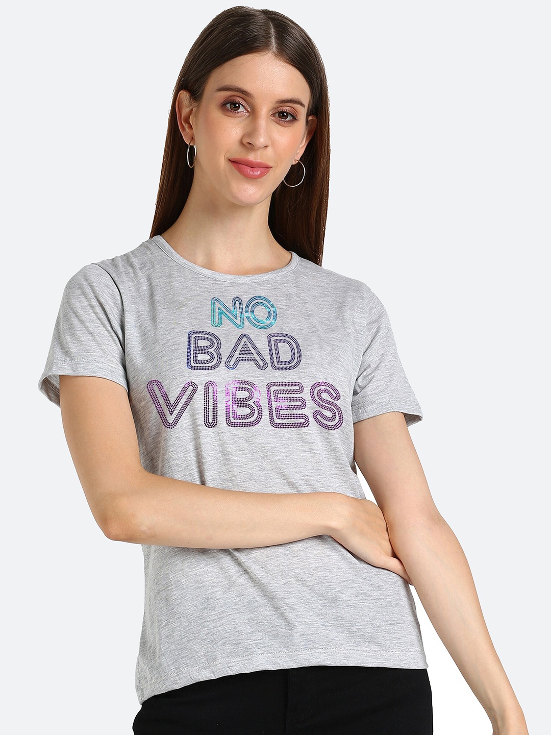 

shashvi Women Grey Melange Cotton Typography Printed T-shirt