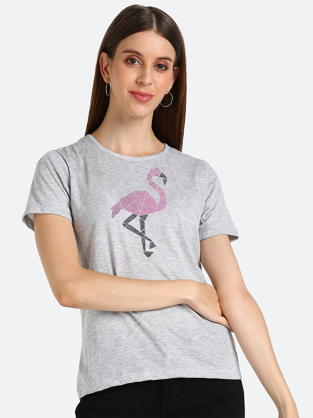

shashvi Women Grey Melange Printed T-shirt