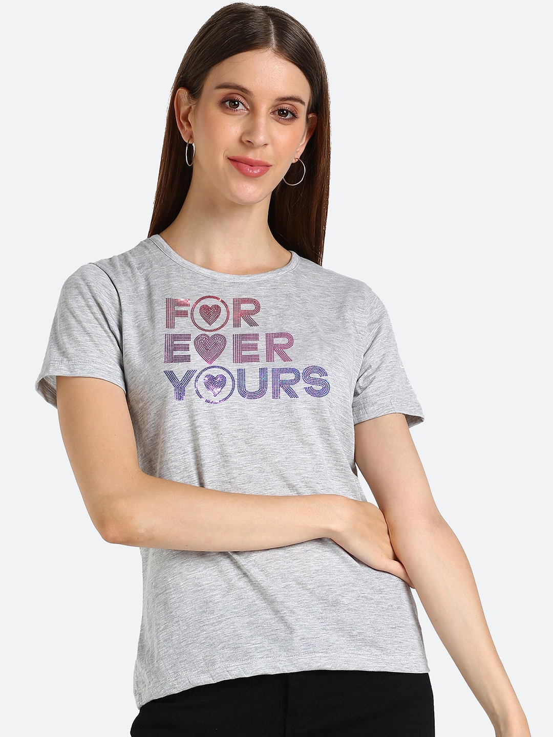 shashvi Women Grey Melange Embellished Cotton T-shirt